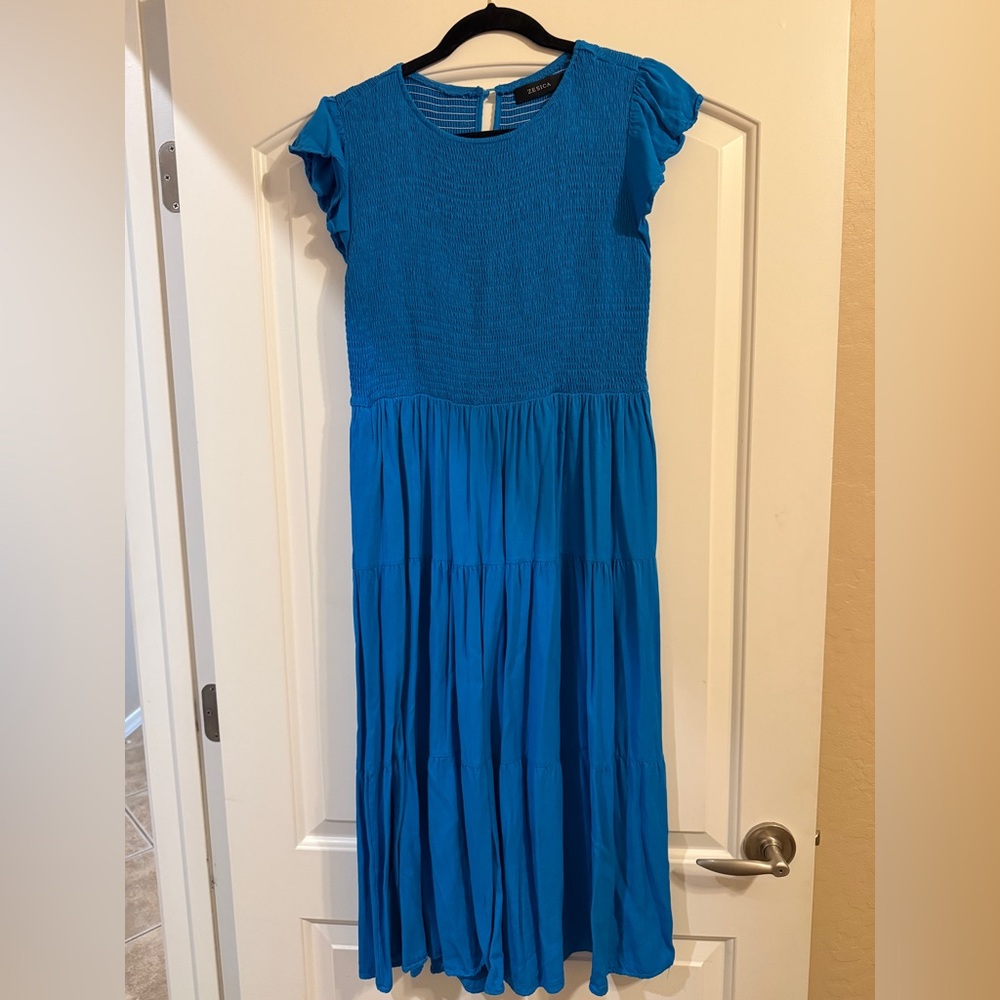Womens Blue Tiered Smocked Maxi Dress